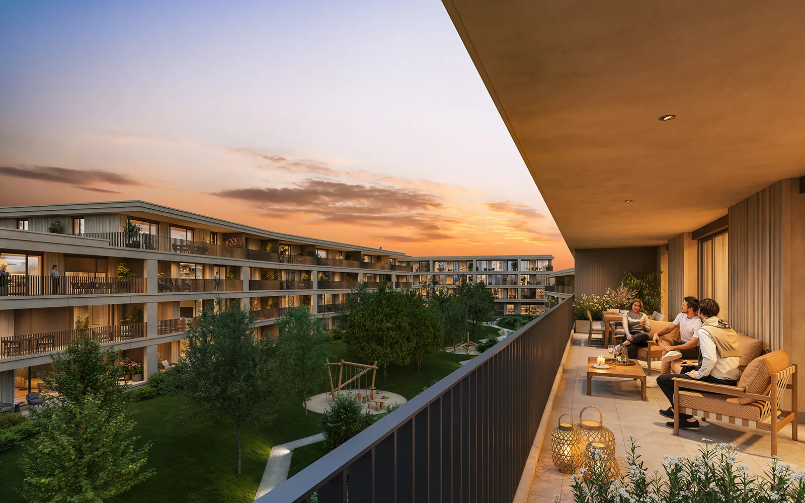 Les Jardins de Lully – Vue depuis la terrasse au coucher du soleil